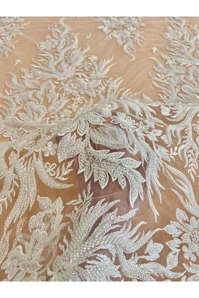 Luxuro Ivory Couture Lace with Floral Pattern, Pearls and Sequins