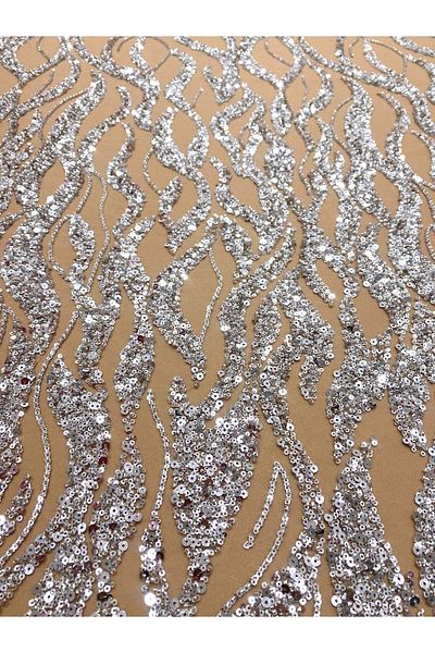 Luxuro Silver Couture Lace with Nude Tulle with Strings, Beads and Sequins