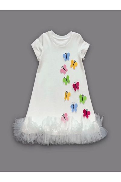 ALFA AKSESUAR 03 1-2-3 Years Colorful Butterflies Embroidered Skirt Ruffled Gilet Children's Dress White