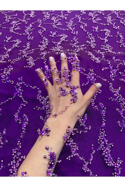 Luxuro Dark Purple Couture Lace with Pearls, Beads and Sequins