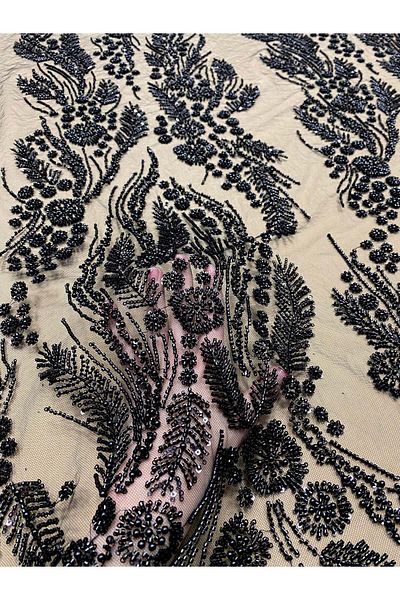Luxuro Black Couture Lace with Floral Pattern, Pearls, Beads and Sequins