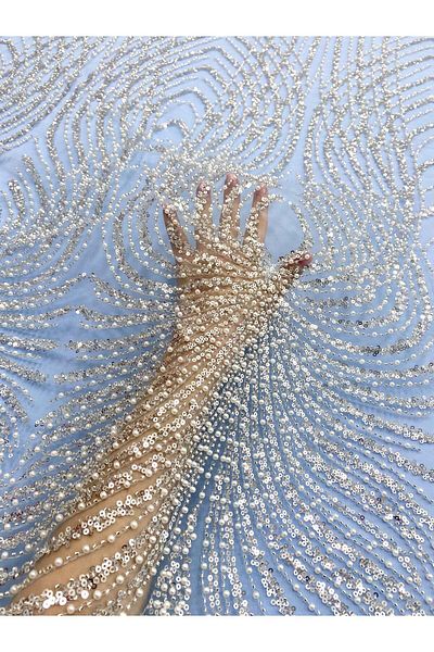 Luxuro Silver Couture Lace with Baby Blue Tulle with Panel, with Pearls, Beads and Sequins