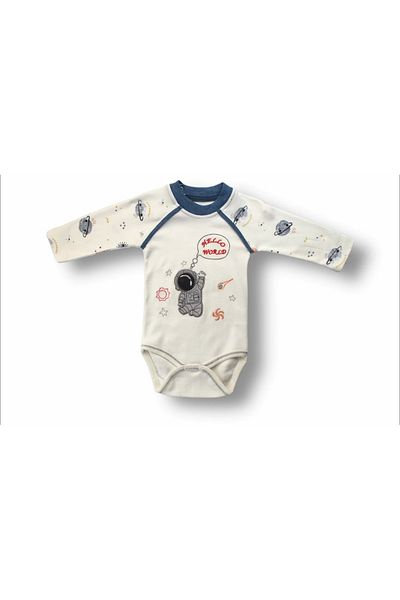 ALFA AKSESUAR 03 3-6 6-9 9-12 Months Cute Cosmonaut Embroidered Hat Long Sleeve Bodysuit 3 Piece Baby Girl-Boy Set Ecru