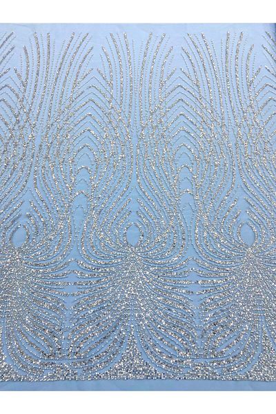 Luxuro Silver Couture Lace with Baby Blue Tulle with Panel, with Pearls, Beads and Sequins