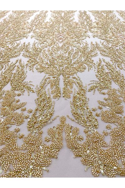 Luxuro Gold Couture Lace with Symmetrical Pattern, with Pearls, Beads and Sequins
