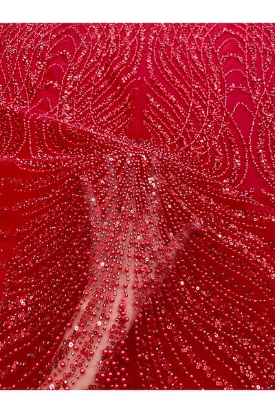 Luxuro Red Couture Lace with Panel, with Pearls, Beads and Sequins