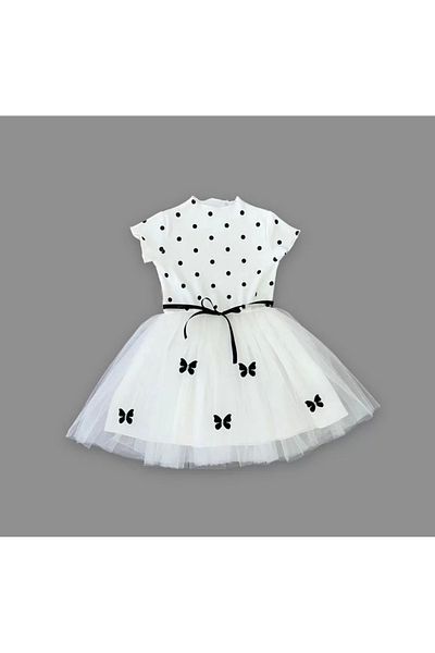 ALFA AKSESUAR 03 5-6-7 Years Old Polka Dot Butterfly Skirt Lined Girl's Dress White