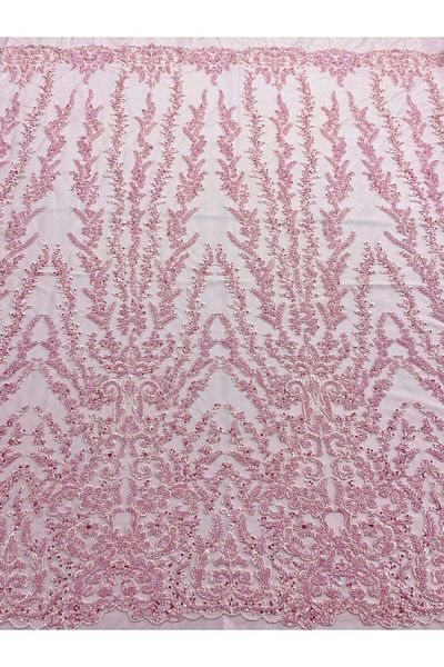 Luxuro Pink Couture Lace with Geometric Pattern, Beads and Sequins
