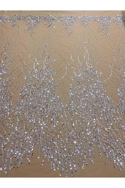 Luxuro Silver Couture Lace on Nude Tulle, with Strings, Beads and Sequins