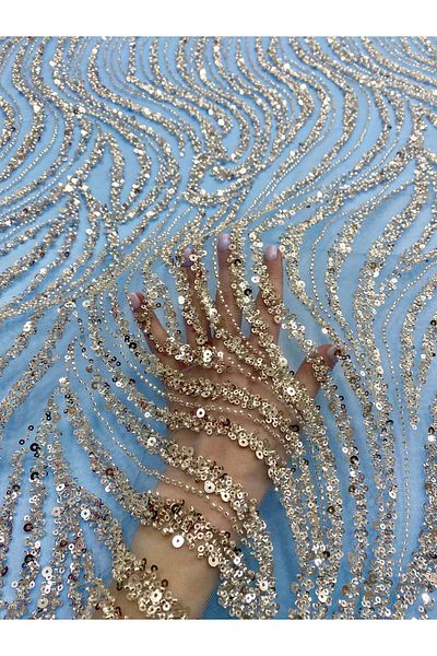 Luxuro Couture Silver Lace with Blue Tulle with Linear Pattern, Beads and Sequins