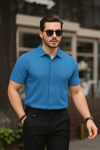 LC Waikiki Waffle Fabric Ironing Unwilling Short Sleeve Button down Summer Men's Shirt