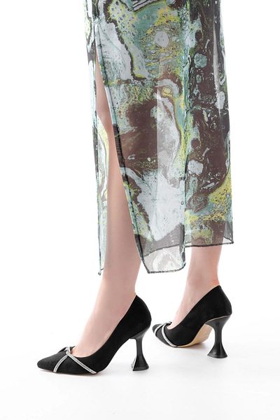 TB Terzi Bey Black Suede Daily Spiral Stone Heeled Women's Shoes