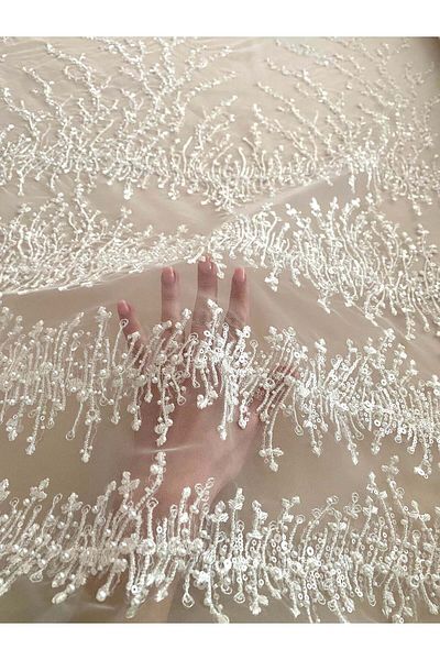 Luxuro Ivory Couture Lace with Geometric Pattern, with Pearls, Beads and Sequins