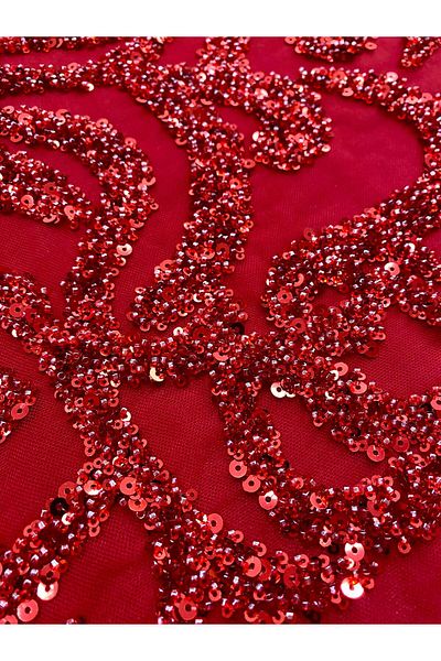 Luxuro Red Couture Lace with Geometric Pattern, Beads and Sequins