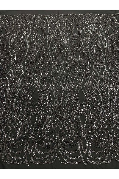 Luxuro Anthracite Grey Couture Lace with Geometric Pattern, with Pearls, Beads and Sequins