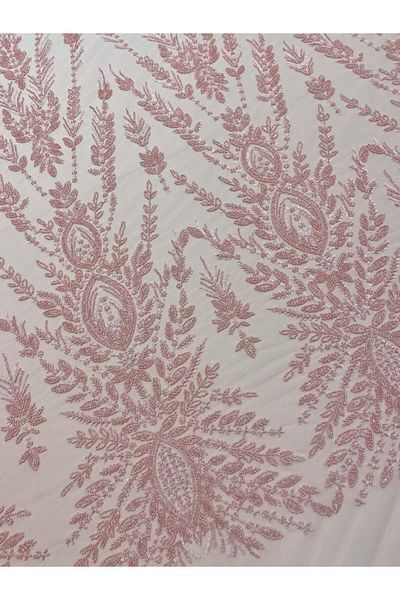 Luxuro Salmon Pink Couture Lace with Symmetrical Pattern, Beads and Sequins