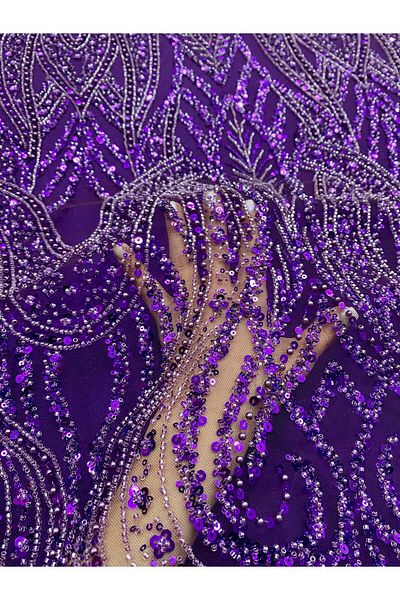 Luxuro Dark Purple Couture Lace with Geometric Pattern, Pearls, Beads and Sequins