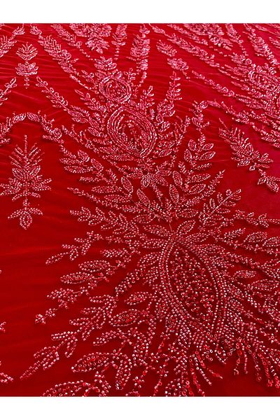 Luxuro Red Couture Lace with Symmetrical Pattern, Beads and Sequins