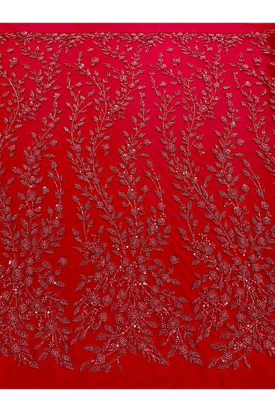 Luxuro Red Couture Lace with Floral Pattern, Pearls, Beads and Sequins