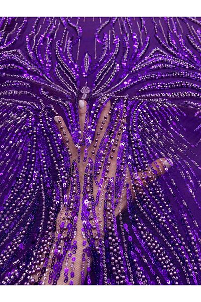 Luxuro Dark Purple Couture Lace with Geometric Pattern, with Pearls, Beads and Sequins