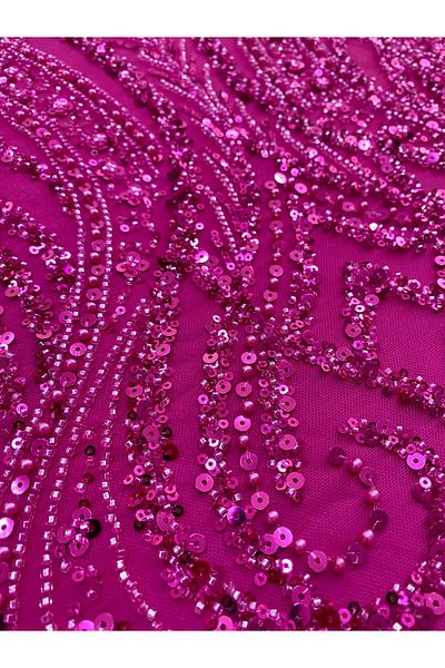 Luxuro Couture Fuchsia Lace with Geometric Pattern, with Pearls, Beads and Sequins
