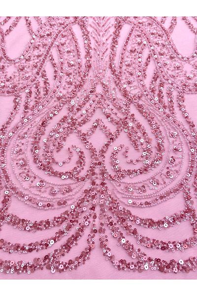 Luxuro Pink Couture Lace with Geometric Pattern, with Pearls, Beads and Sequins