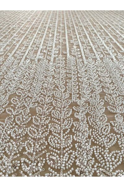 Luxuro Ivory Couture Lace with Linear and Leaf Pattern, with Beads and Sequins