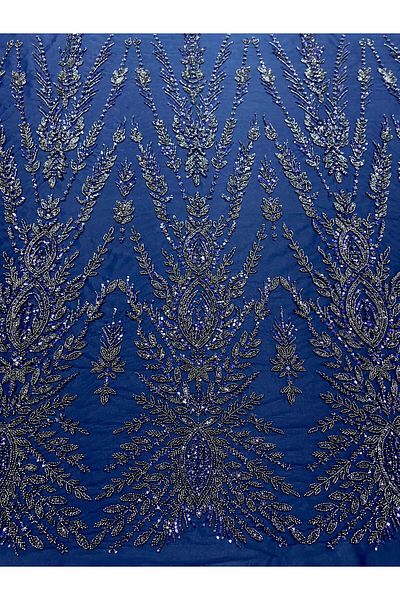 Luxuro Navy Blue Couture Lace with Symmetrical Pattern, Beads and Sequins