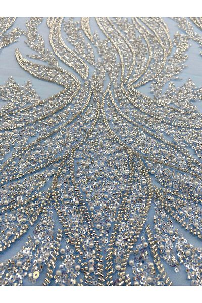 Luxuro Silver Couture Lace on Blue Tulle with Panel, with Pearls, Beads and Sequins