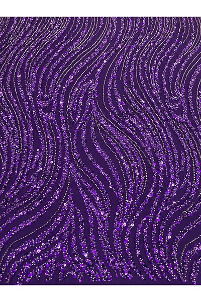 Luxuro Dark Purple Couture Lace with Linear Pattern, Beads and Sequins
