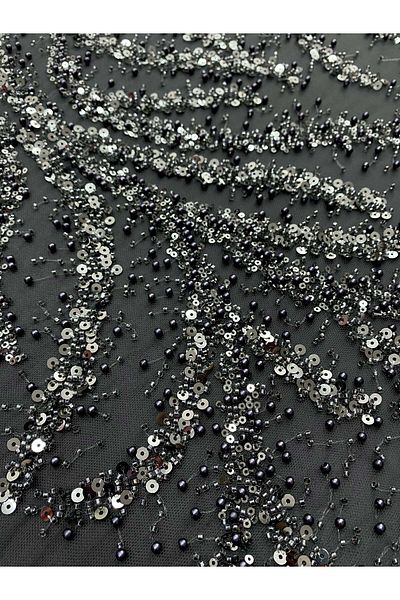 Luxuro Anthracite Grey Couture Lace with Pearls, Beads and Sequins