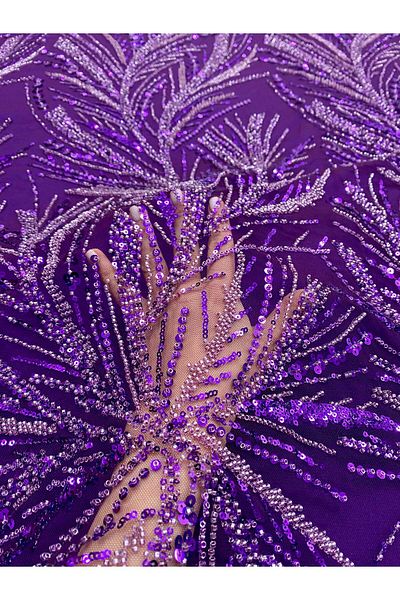 Luxuro Dark Purple Couture Lace with Strings, Beads and Sequins