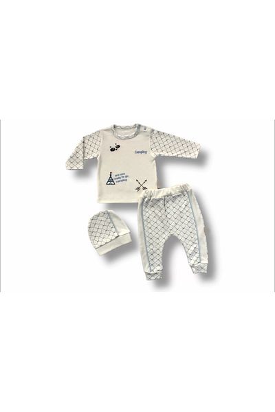 ALFA AKSESUAR 03 3-6 6-9 9-12 Months My Camping Embroidered Hat Long Sleeve Sweatshirt 3-Piece Baby Boy Set Ecru