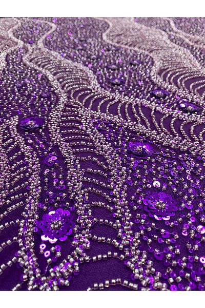 Luxuro Dark Purple Couture Lace with Geometric and Floral Pattern, with Beads and Sequins