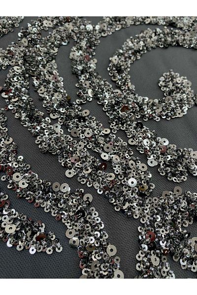 Luxuro Anthracite Grey Couture Lace with Geometric Pattern, Beads and Sequins
