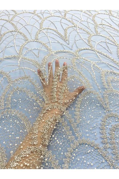 Luxuro Silver Couture Lace with Baby Blue Tulle with Geometric Pattern, with Pearls, Beads and Sequins