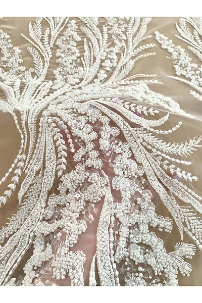Luxuro Ivory Couture Lace with Floral Pattern, Pearls, Beads and Sequins
