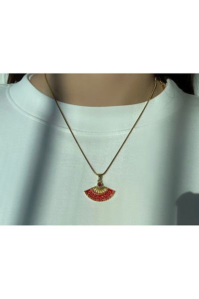 Bijoura Studio Red Colored Steel Necklace with Fan Figure
