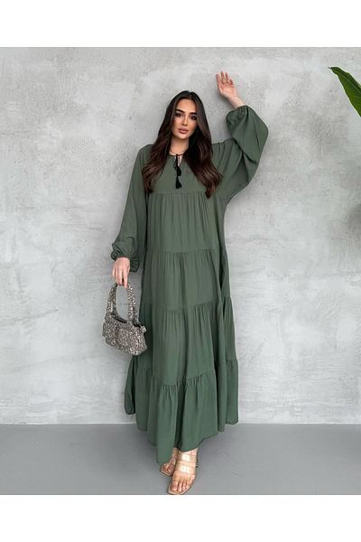 Att Attstil Summer Khaki Layered Casual Dress with Lace-Up Detail on the Front