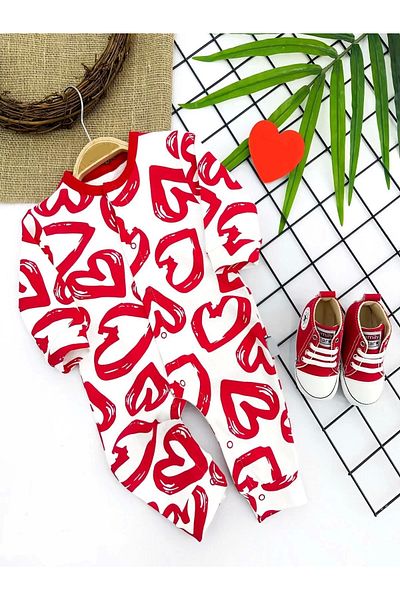 ALFA AKSESUAR 03 3-6-9-12 Months Pastel Heart Printed Long Sleeve Baby Girl Boy Rompers Red
