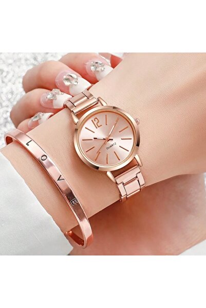 Renkada Rose Quartz Saat ve Love Bileklik Takım