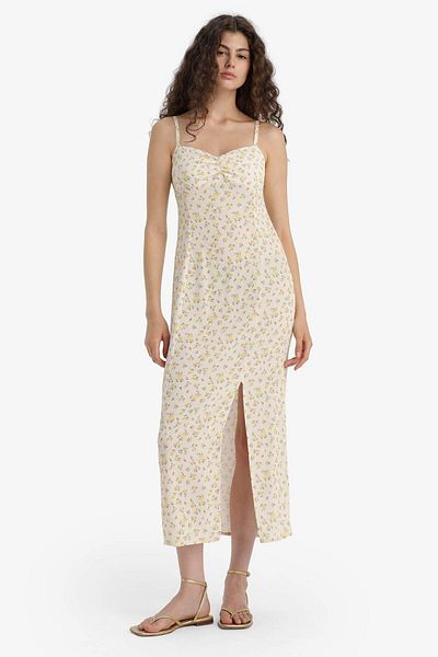 DeFacto Bodycon Bodycon που αγκαλιάζει το σώμα με λαιμόκοψη με λουλουδάτο μοτίβο μαροκινό μίντι φόρεμα C0960ax25sm