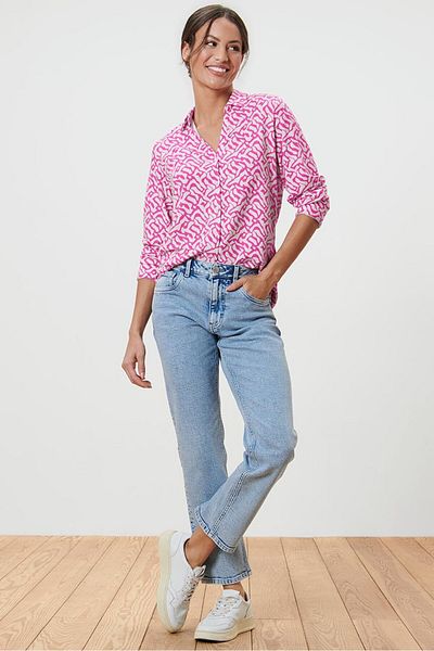 Tchibo Women Spread Collar Long Sleeves Allover Print Top, Pink