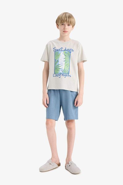DeFacto Jungen-Pyjama-Set, bedrucktes Kurzarm-Pyjama-Oberteil, elastische Shorts mit Taille, Pyjama-Unterteil F5802A825HS
