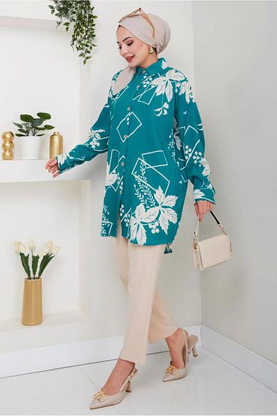 TRENDTESETTÜR Women's Blue (Turquoise) Cotton Patterned Tunic t 1981