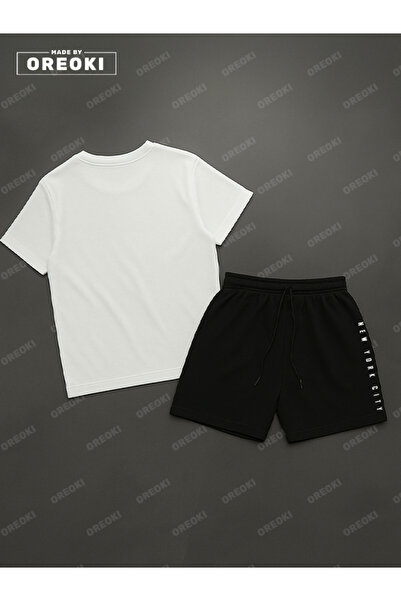 EFFRENATU Authentic Printed Cotton Fabric Men's White T-Shirt-Black Shorts Set