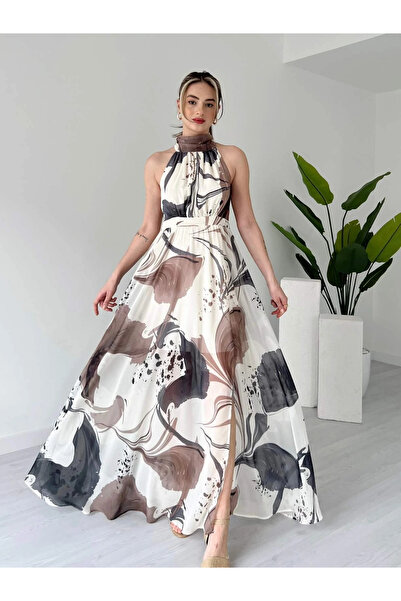 KOSHKA MODA Desenli Halter Yaka Yırtmaçlı Uzun Şifon Elbise