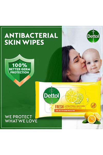 Dettol Fresh Antibacterial Skin Wipes 10pcs 99.9% Germ Protection & Gentle Skin Care