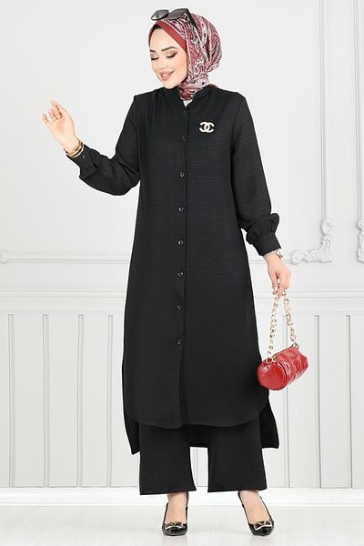 ModaMerve Slit Hijab Suit 408Dvl897-M Black
