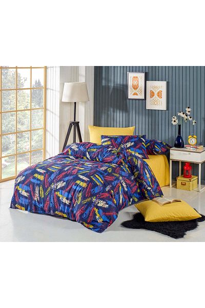 DemoHome Double bed linen set made of satin cotton with pattern - fitted sheet, flat sheet, 2 pillowcases